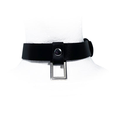 Black Leather Collar with Rectangular Pendant by Fetish Pleasure Play