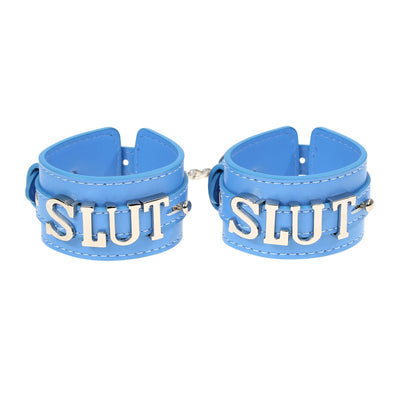 Slut Leather Wrist Cuff Restraints with Chain by Fetish Pleasure Play