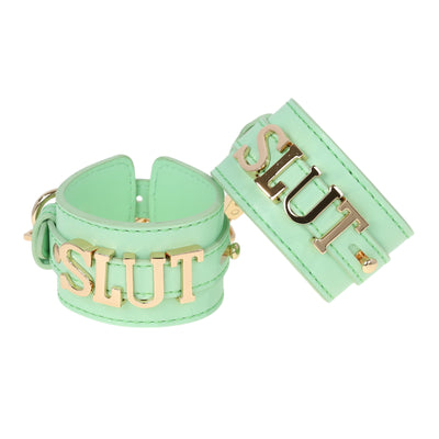 Slut Leather Wrist Cuff Restraints with Chain by Fetish Pleasure Play