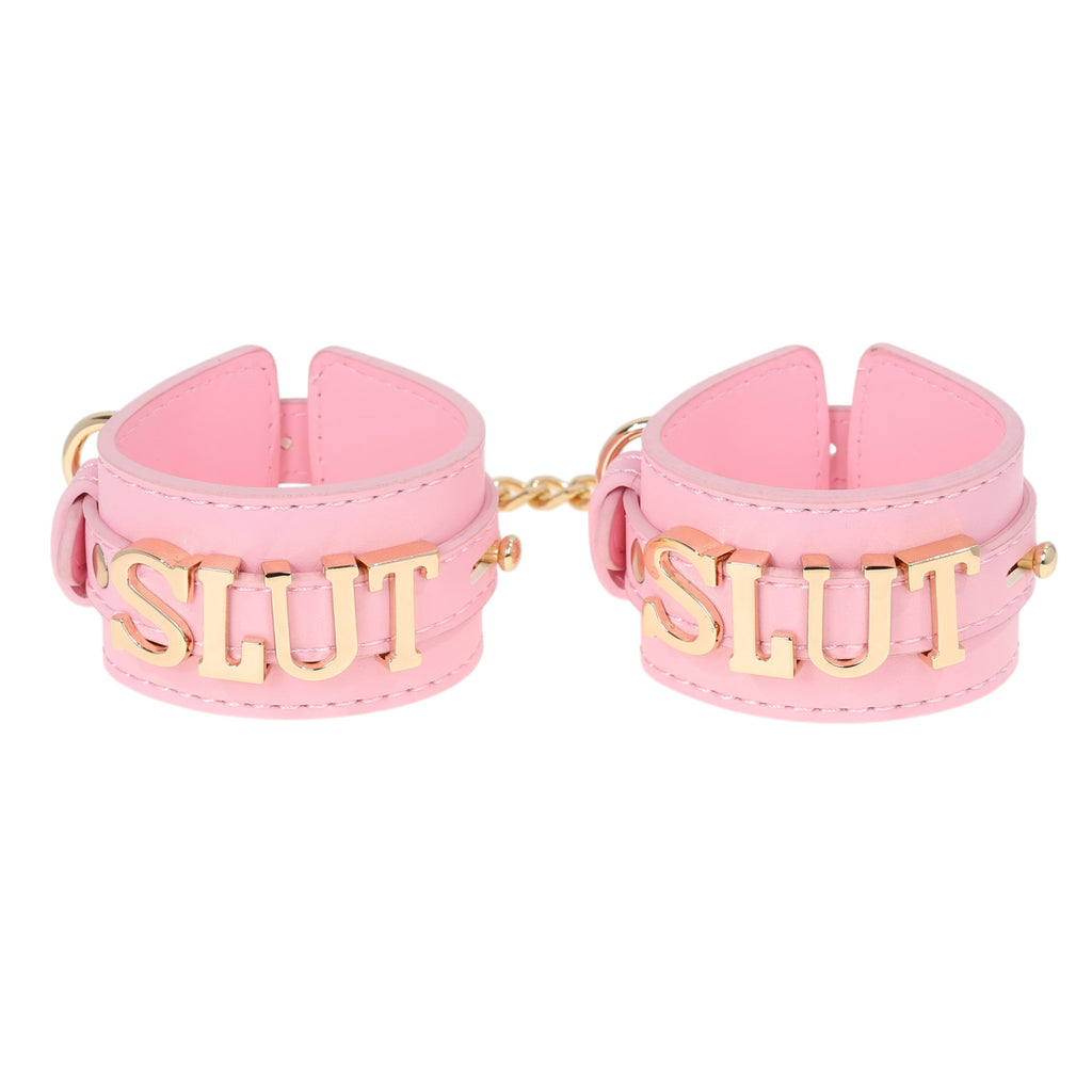 Slut Leather Wrist Cuff Restraints with Chain by Fetish Pleasure Play
