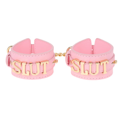 Slut Leather Wrist Cuff Restraints with Chain by Fetish Pleasure Play