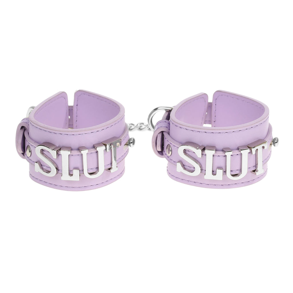 Slut Leather Wrist Cuff Restraints with Chain by Fetish Pleasure Play