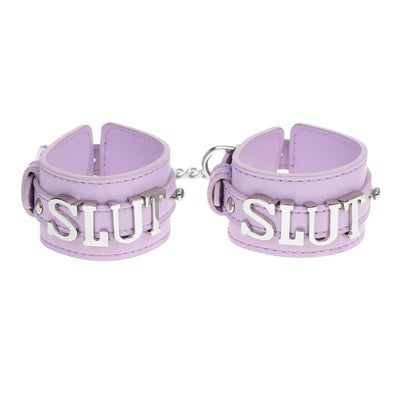Slut Leather Wrist Cuff Restraints with Chain by Fetish Pleasure Play