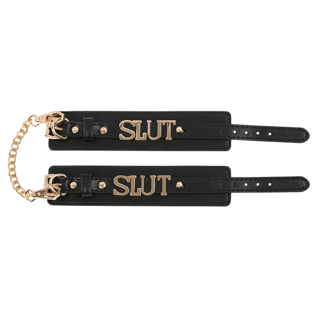 Slut Leather Wrist Cuff Restraints with Chain by Fetish Pleasure Play