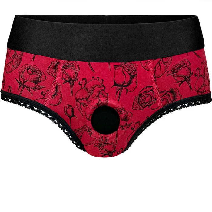 Crotchless Panty Harness in Red Hearts & Roses