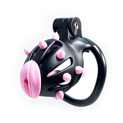 Stud Locking Chastity Cage in Black with Pink Urethral Plug by Fetish Pleasure Play