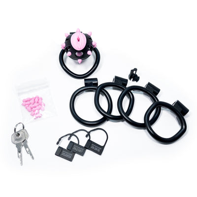 Stud Locking Chastity Cage in Black with Pink Urethral Plug by Fetish Pleasure Play