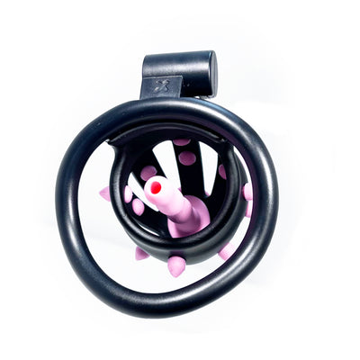 Stud Locking Chastity Cage in Black with Pink Urethral Plug by Fetish Pleasure Play