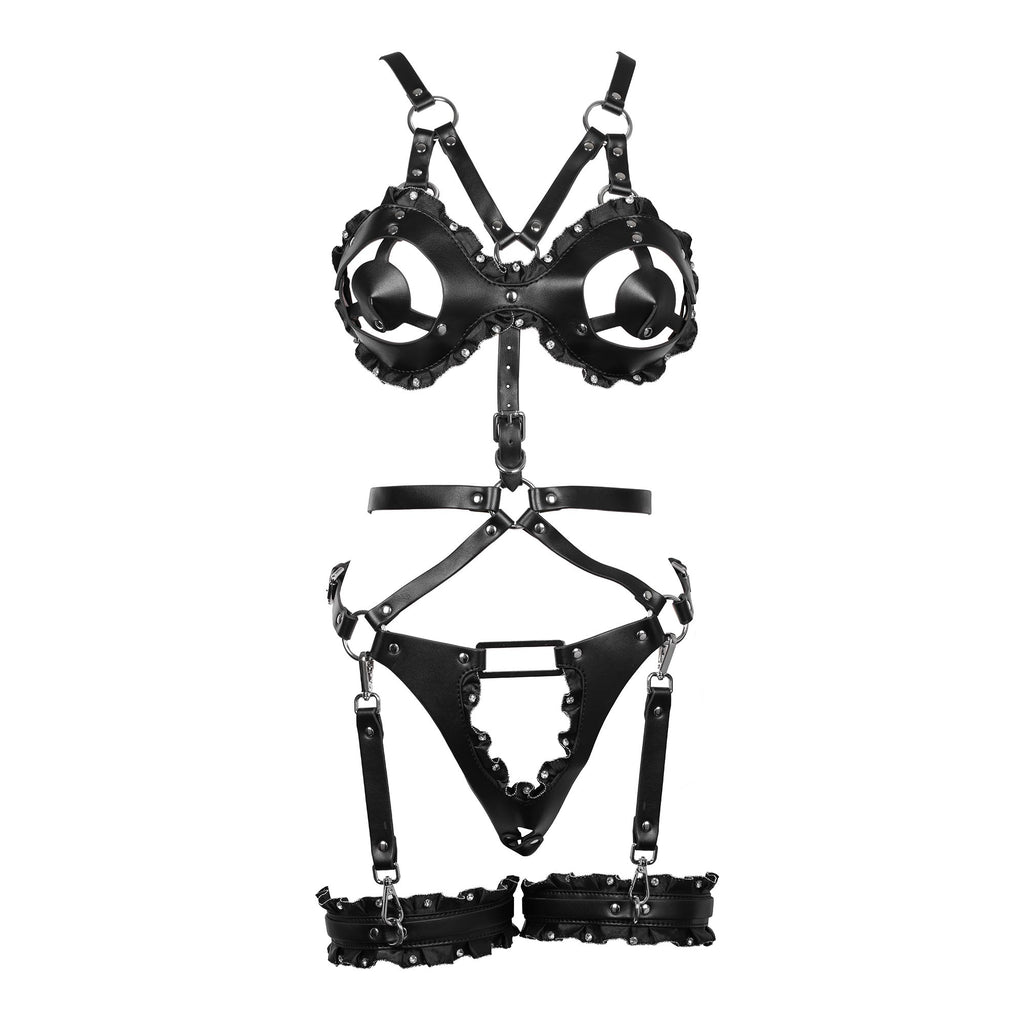 Black Lace & Crystal Vegan Leather Full Body Bondage Harness Set