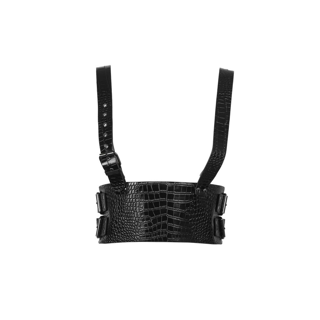 Faux Alligator Vegan Leather Wide Waist Harness in Black