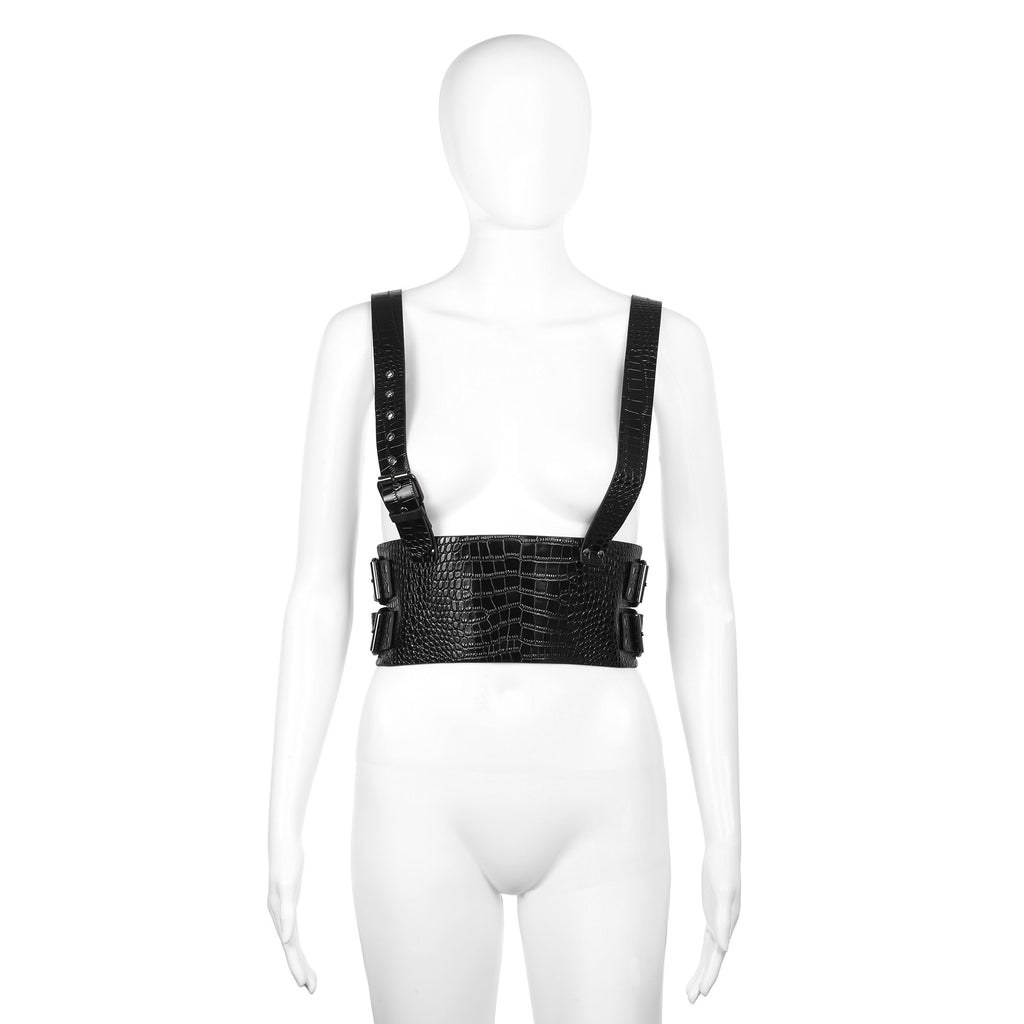 Faux Alligator Vegan Leather Wide Waist Harness in Black