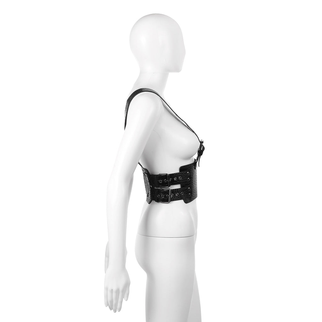 Faux Alligator Vegan Leather Wide Waist Harness in Black