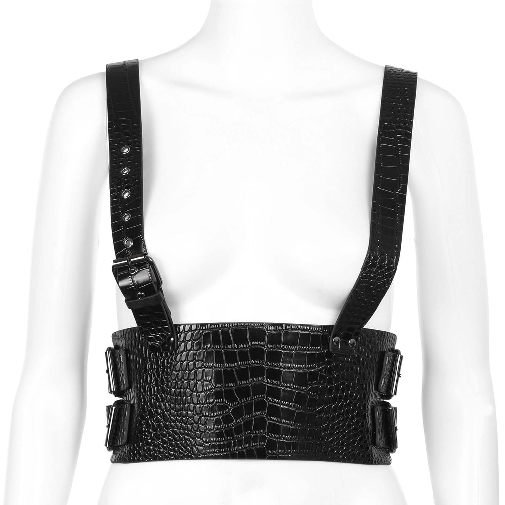 Faux Alligator Vegan Leather Wide Waist Harness in Black