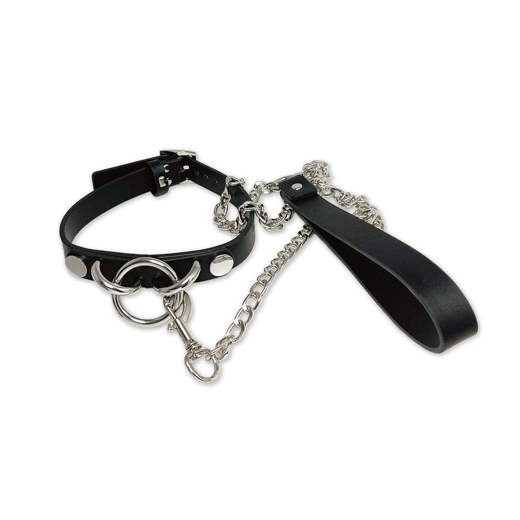 Triple Ring Collar and Leash Set with Silver Chain by Fetish Pleasure Play