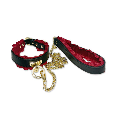 Black Collar and Leash Set with Ruffled Red Ribbon Lining by Fetish Pleasure Play