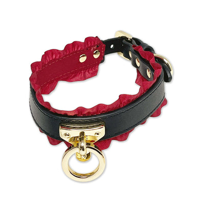 Black Collar and Leash Set with Ruffled Red Ribbon Lining by Fetish Pleasure Play