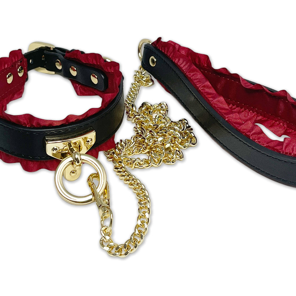 Black Collar and Leash Set with Ruffled Red Ribbon Lining by Fetish Pleasure Play