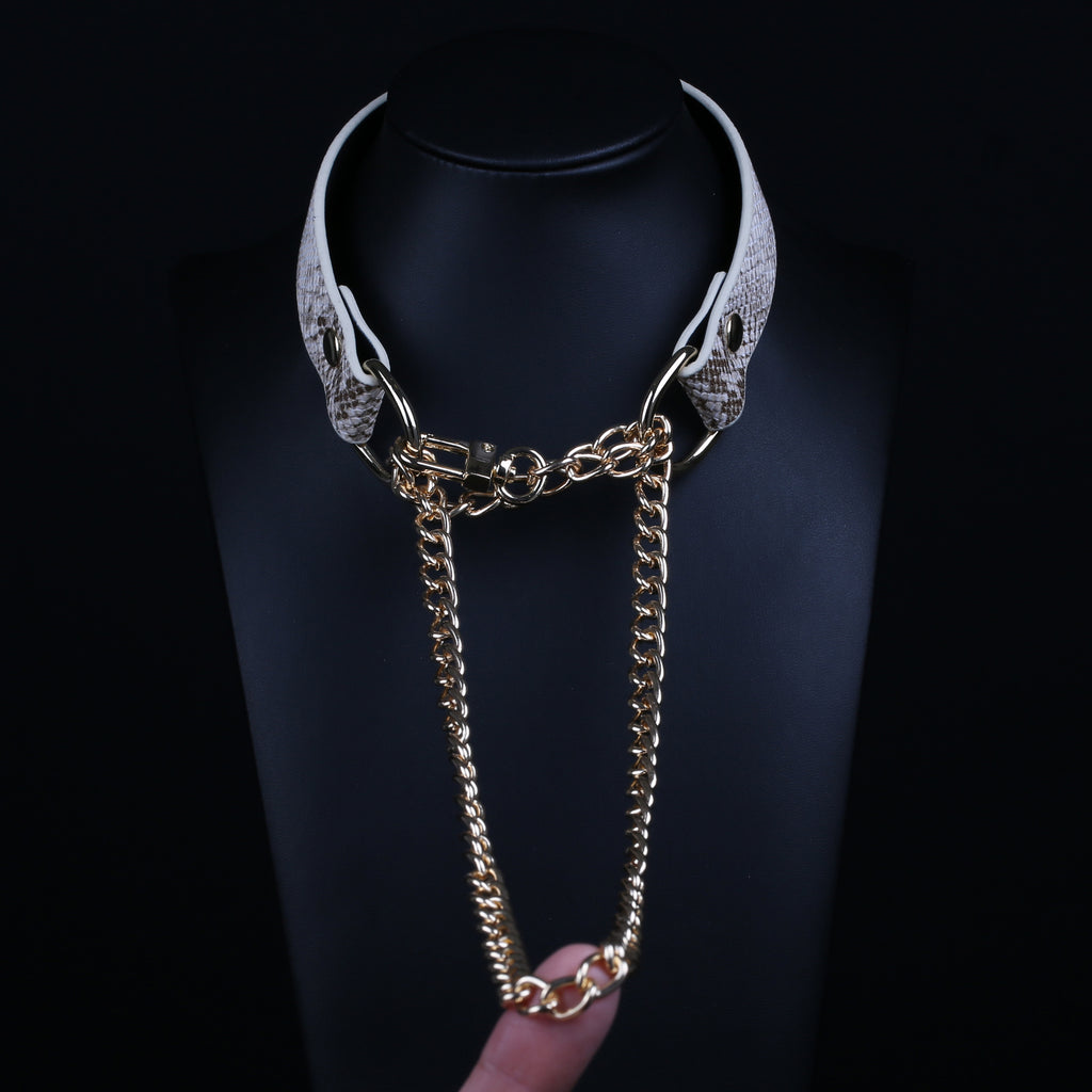 White Faux Snakeskin Martingale Collar Day Collar by Fetish Pleasure Play