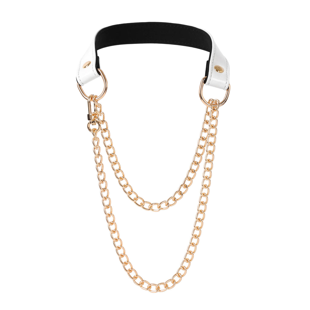 White Vegan Leather Martingale Collar Chain Necklace by Fetish Pleasure Play