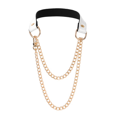 White Vegan Leather Martingale Collar Chain Necklace by Fetish Pleasure Play