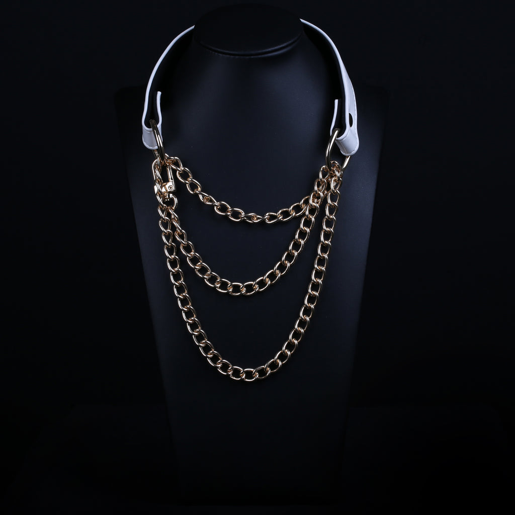 White Vegan Leather Martingale Collar Chain Necklace by Fetish Pleasure Play