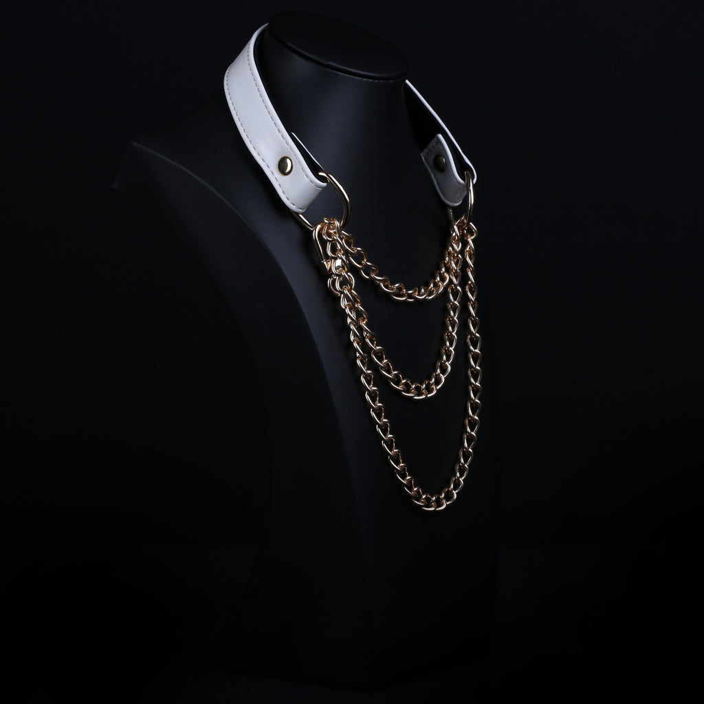 White Vegan Leather Martingale Collar Chain Necklace by Fetish Pleasure Play