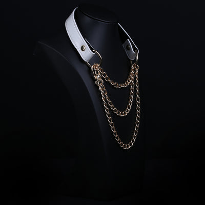 White Vegan Leather Martingale Collar Chain Necklace by Fetish Pleasure Play