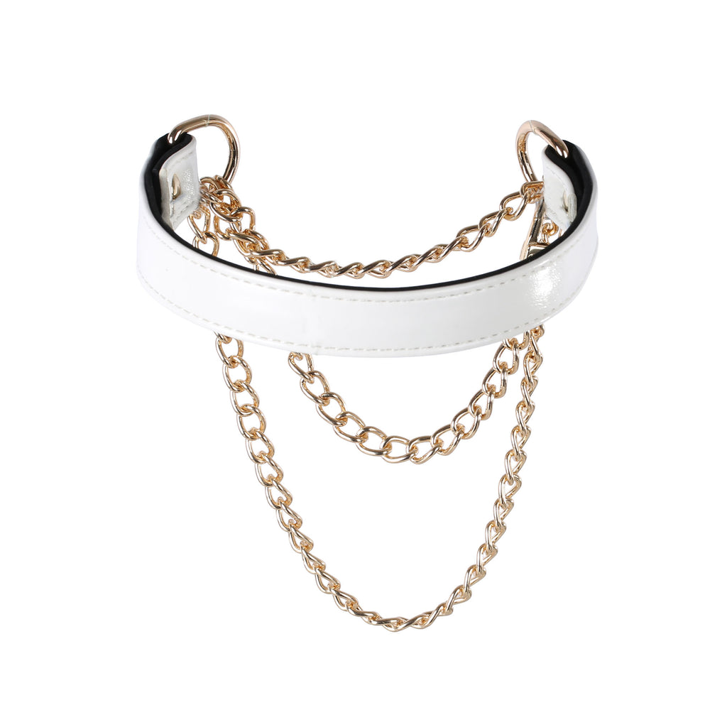 White Vegan Leather Martingale Collar Chain Necklace by Fetish Pleasure Play