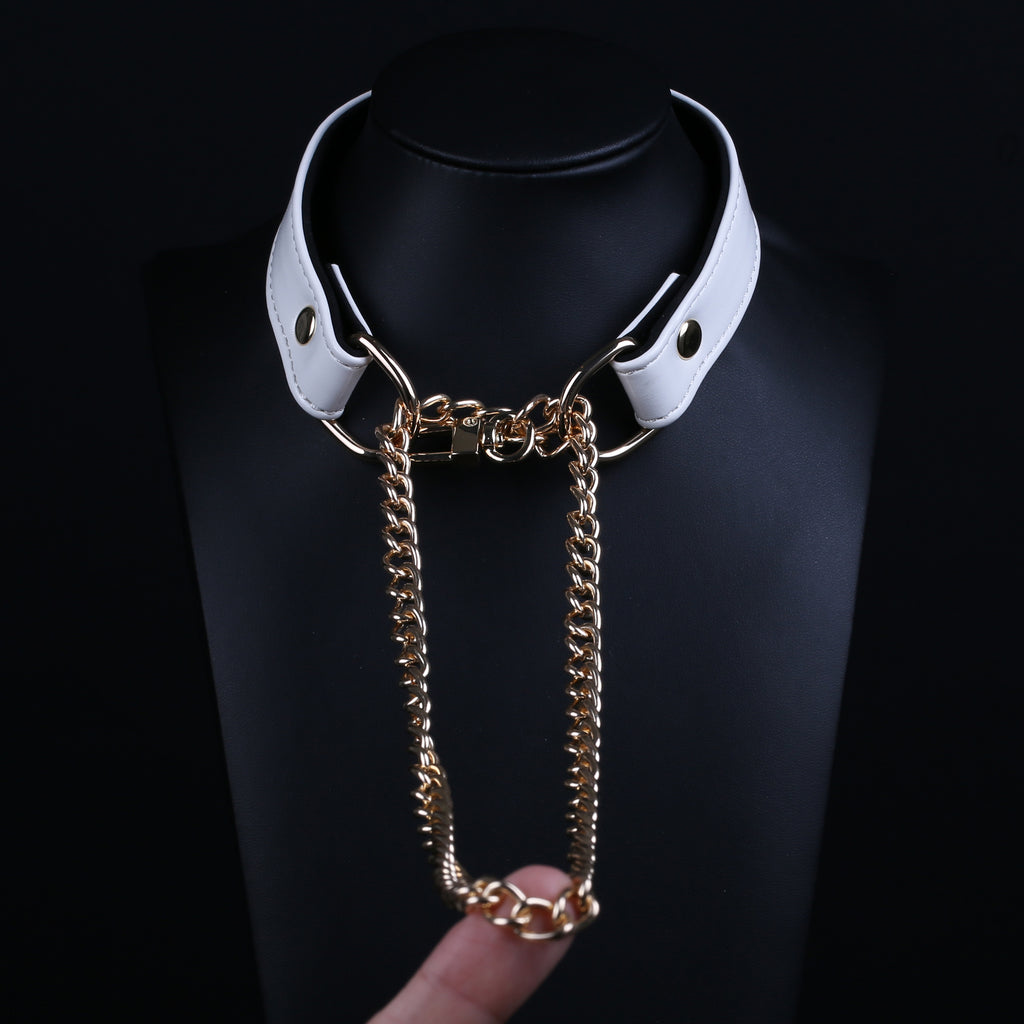 White Vegan Leather Martingale Collar Chain Necklace by Fetish Pleasure Play