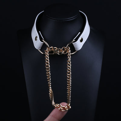 White Vegan Leather Martingale Collar Chain Necklace by Fetish Pleasure Play