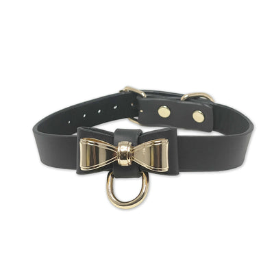Gold Bow Tie Collar in Black by Fetish Pleasure Play