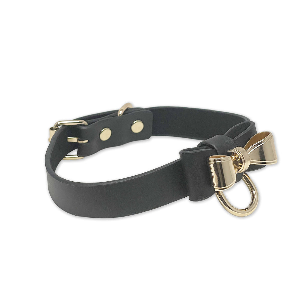 Gold Bow Tie Collar in Black by Fetish Pleasure Play