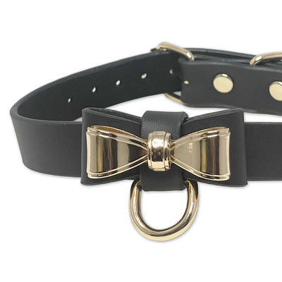 Gold Bow Tie Collar in Black by Fetish Pleasure Play