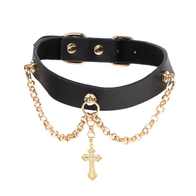 Black Vegan Leather Cross Necklace Collar by Fetish Pleasure Play