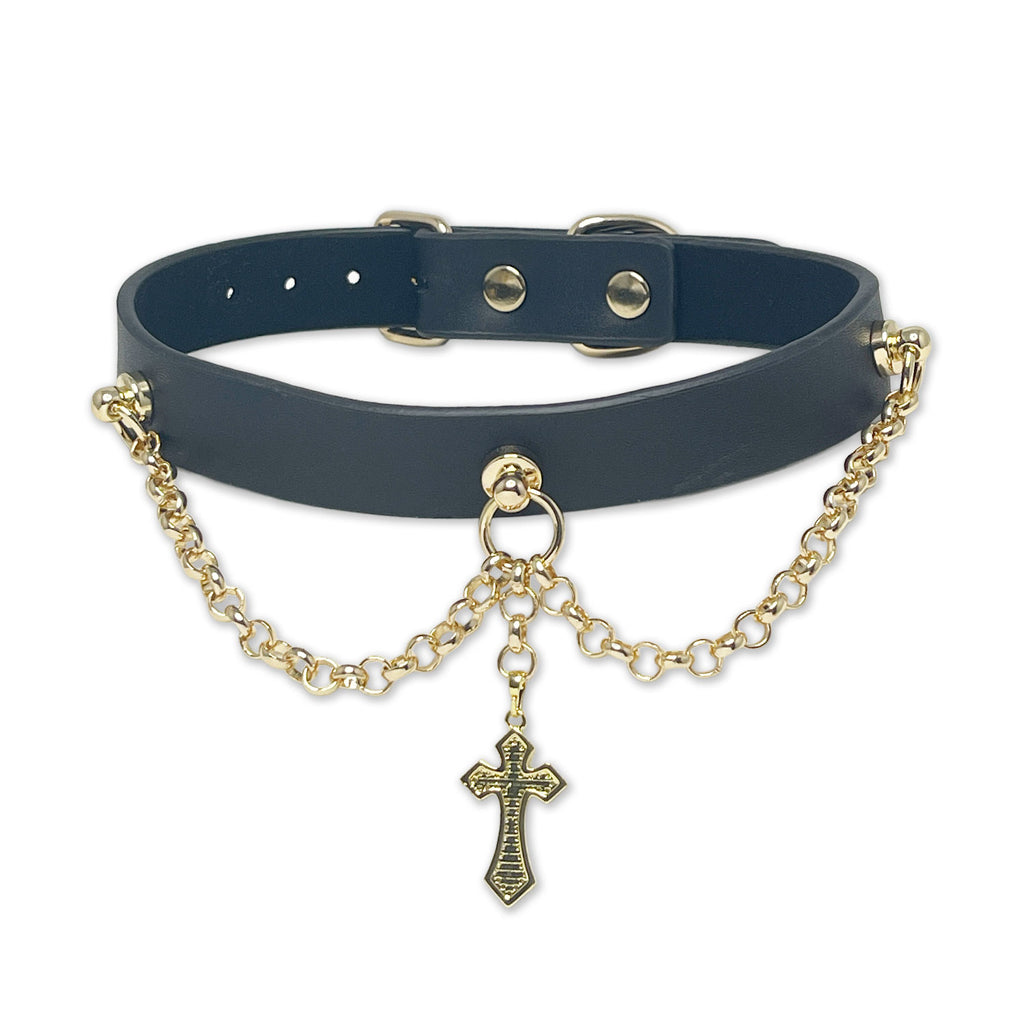 Black Vegan Leather Cross Necklace Collar by Fetish Pleasure Play