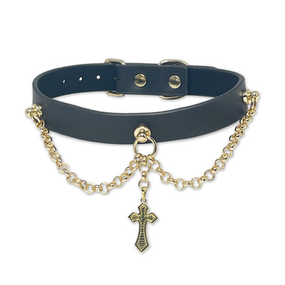 Black Vegan Leather Cross Necklace Collar by Fetish Pleasure Play