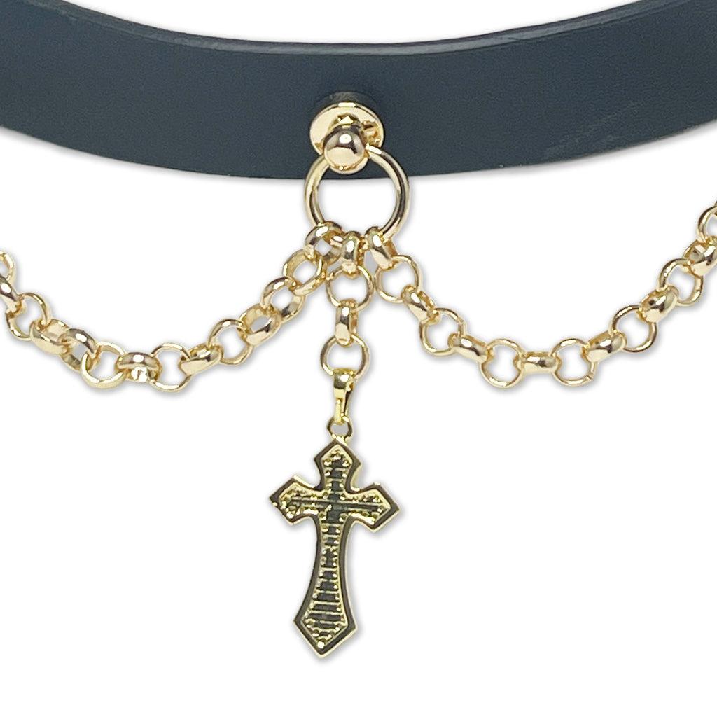 Black Vegan Leather Cross Necklace Collar by Fetish Pleasure Play