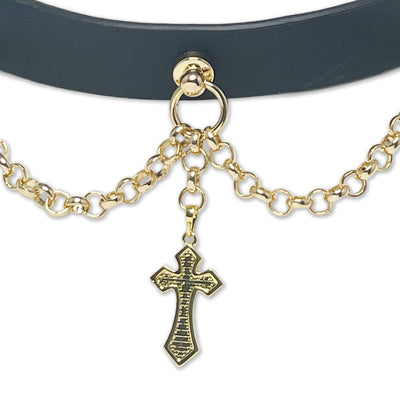 Black Vegan Leather Cross Necklace Collar by Fetish Pleasure Play