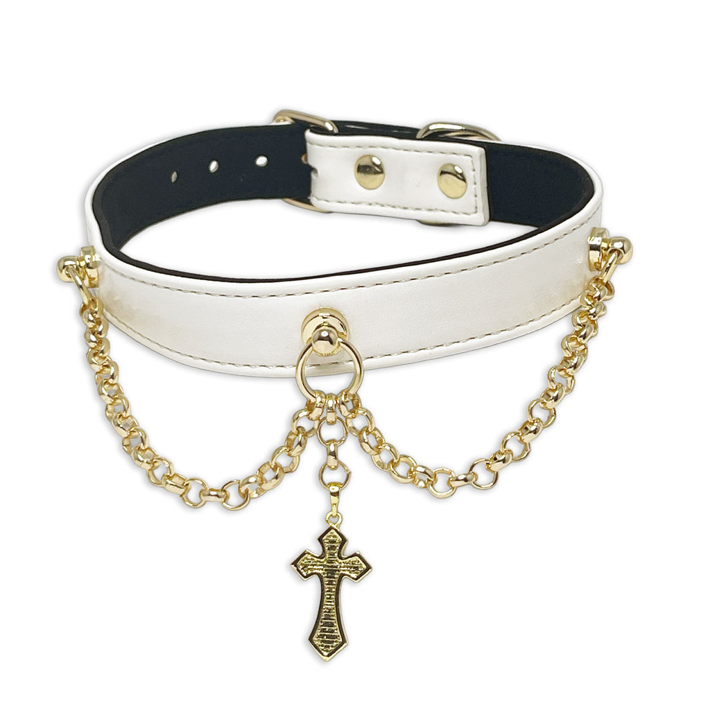 White Gold Cross Necklace Collar by Fetish Pleasure Play