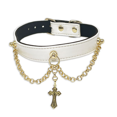 White Gold Cross Necklace Collar by Fetish Pleasure Play