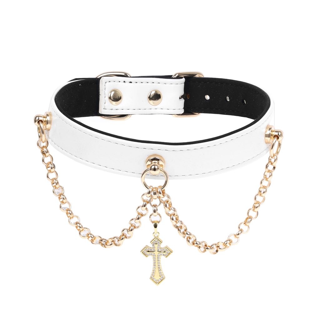 White Gold Cross Necklace Collar by Fetish Pleasure Play