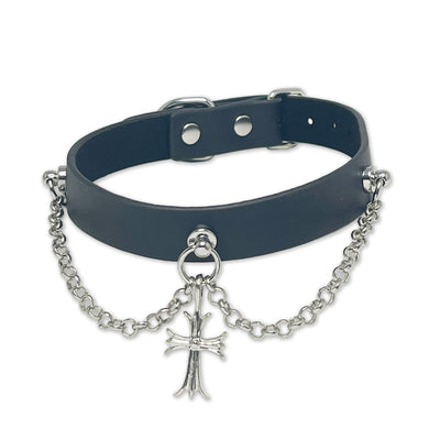 Black Vegan Leather Silver Cross Necklace Collar by Fetish Pleasure Play