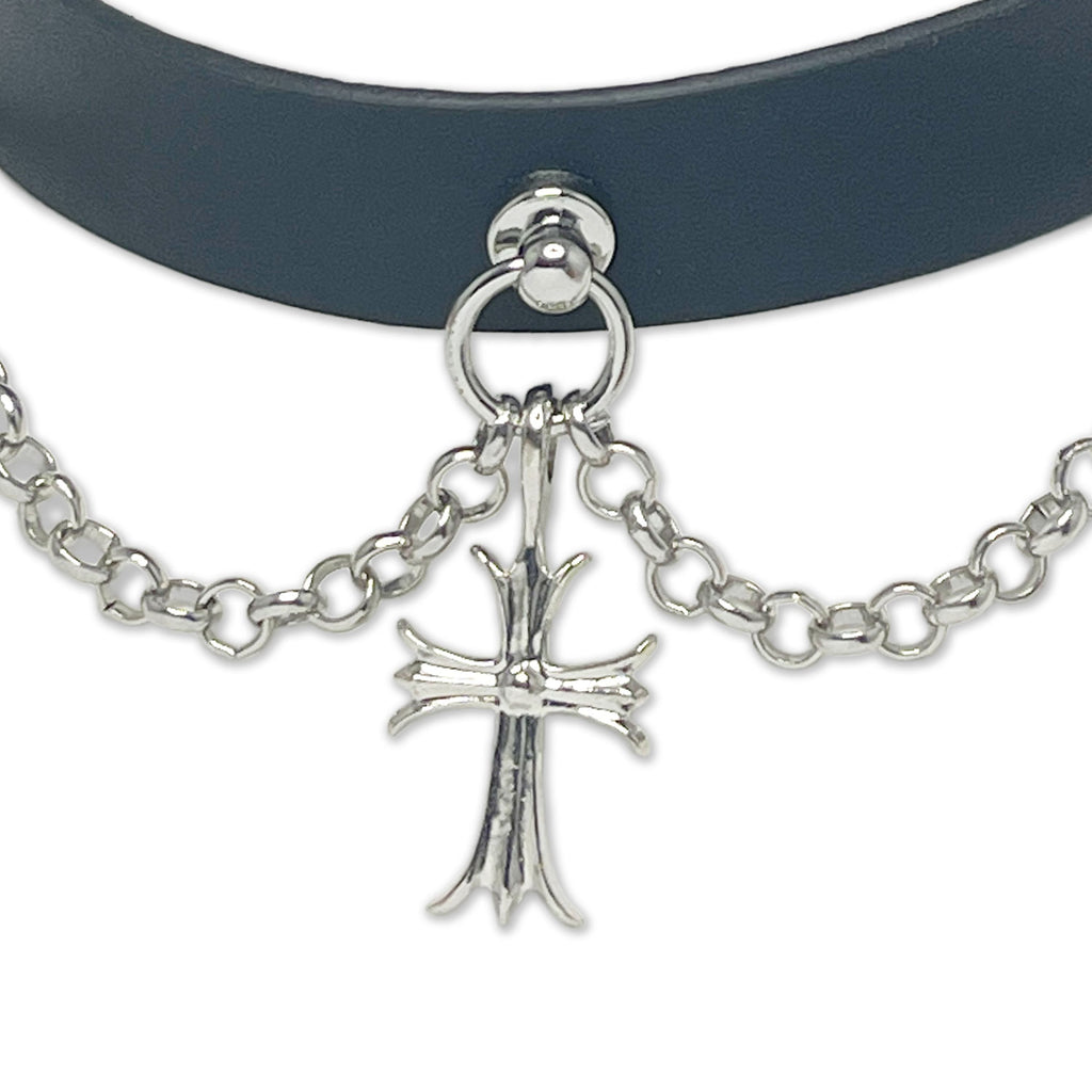 Black Vegan Leather Silver Cross Necklace Collar by Fetish Pleasure Play