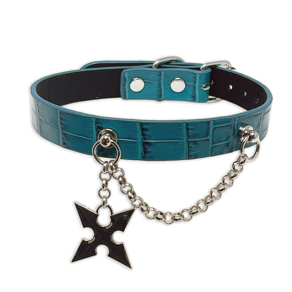 Teal Faux Alligator Necklace Collar with Star Pendant by Fetish Pleasure Play