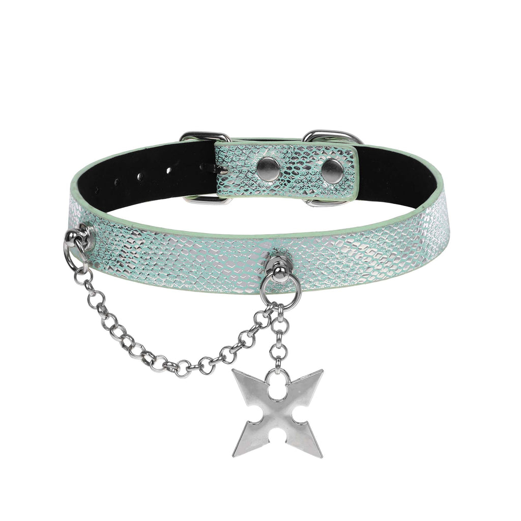 Blue-Green Snakeskin Collar with Shuriken Star Pendant by Fetish Pleasure Play