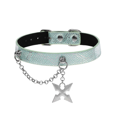 Blue-Green Snakeskin Collar with Shuriken Star Pendant by Fetish Pleasure Play
