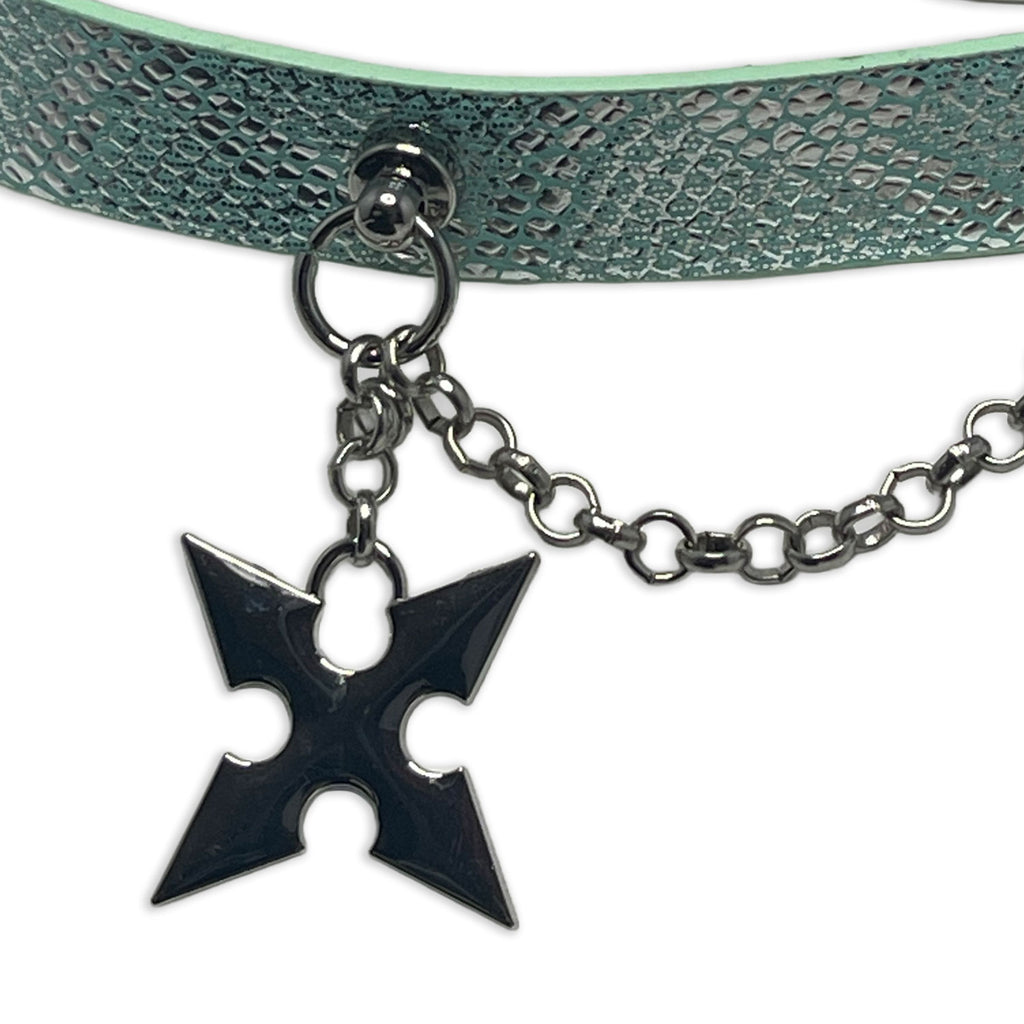 Blue-Green Snakeskin Collar with Shuriken Star Pendant by Fetish Pleasure Play
