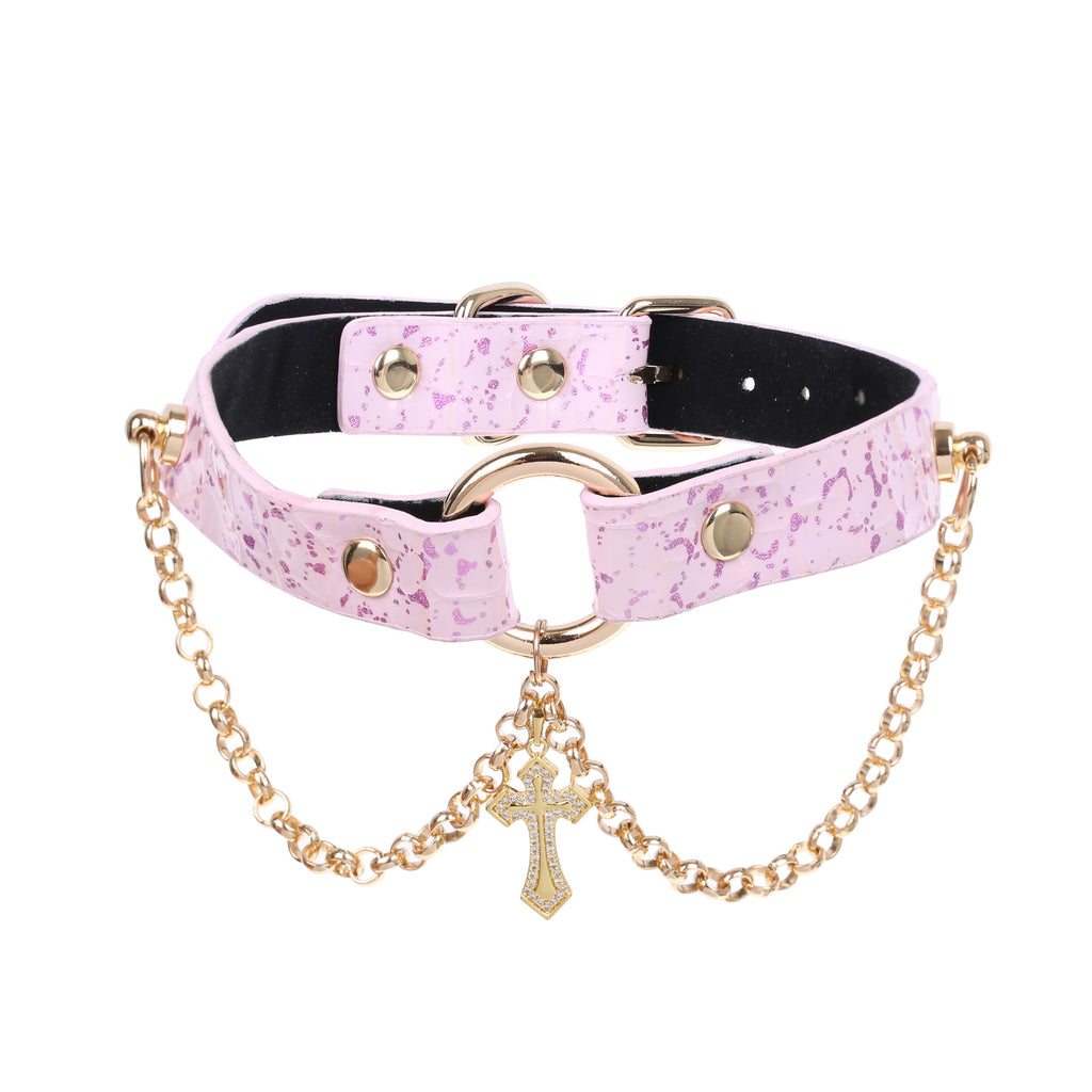Pink Vegan Alligator Collar with Gothic Cross by Fetish Pleasure Play