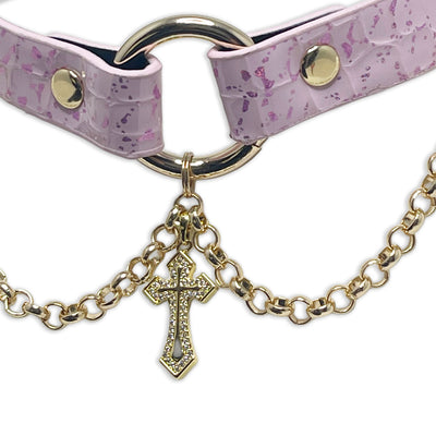 Pink Vegan Alligator Collar with Gothic Cross by Fetish Pleasure Play
