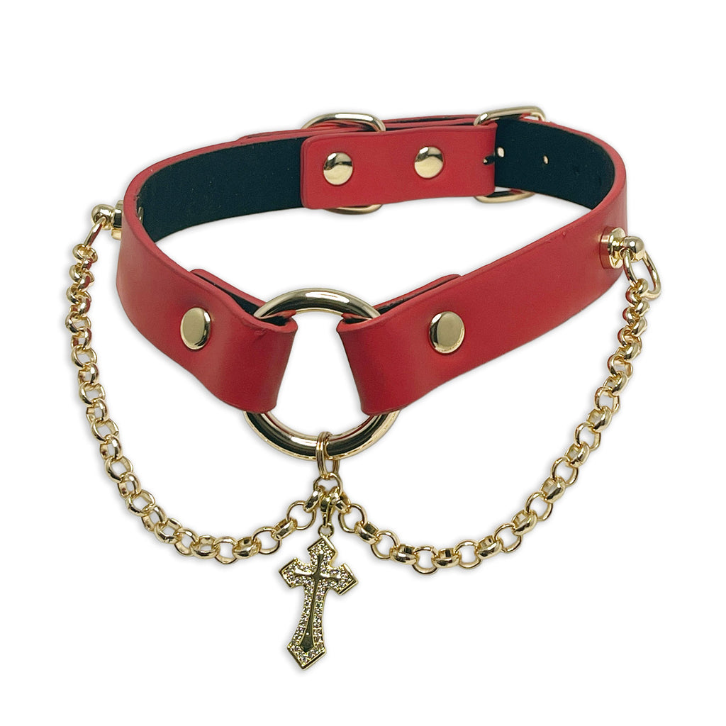Red Vegan Leather Cross Necklace Collar by Fetish Pleasure Play
